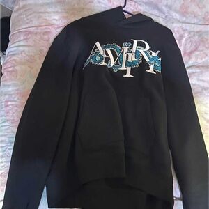 AMIRI Black Crewneck Sweater with Blue & White Logo